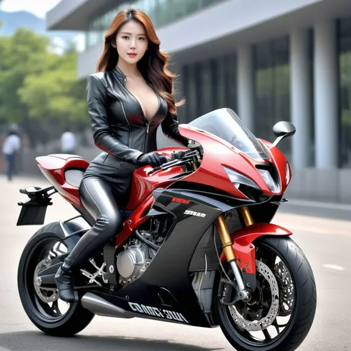 Prompt: A 20-something long-haired woman wearing a full body leather suit riding a superbike, 
AI defined exquisitely beautiful, totally ultra realistic young adult Korean, gorgeously detailed facial features, sumptuous cleavage, perfect body proportions, ultra pale, ultra glamorous, perfect shading, impeccable contrast, HDR, UHD, high res, 64k