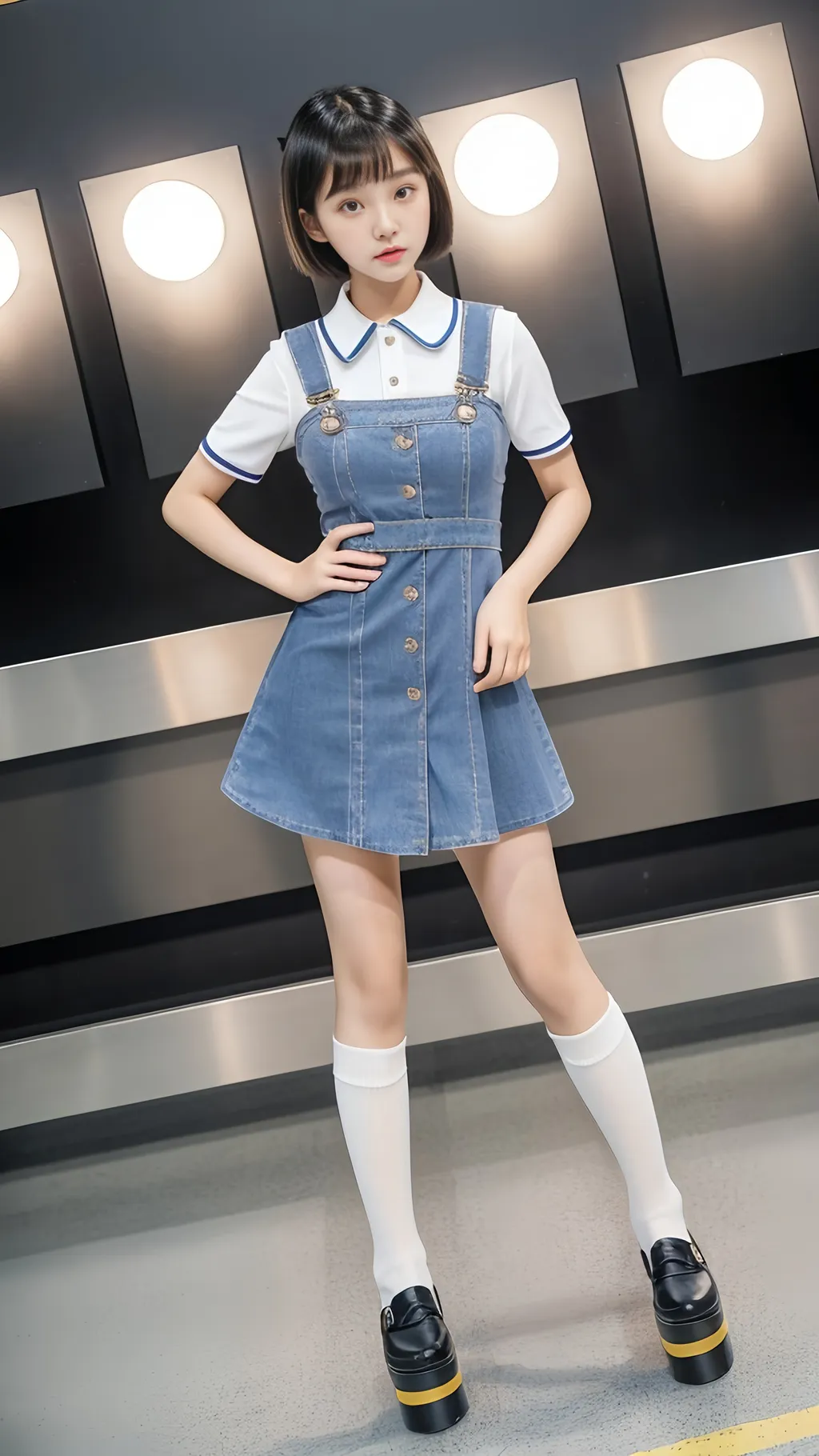 Prompt: 15 year old super cute Korean girl, mini dress, model, model pose, child model, 4K, 8K, high quality, high quality details, raw short hair, bang hair, slender, knee high socks, 5 inch platform flat shoes, chubby thighs, slim body