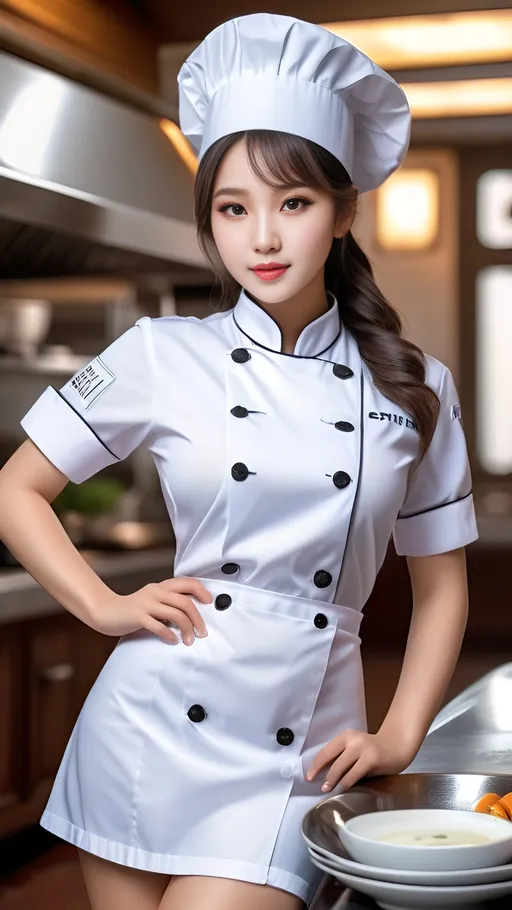 Prompt: Cute and glamorous, very beautiful, baby face, Thighs visible
Wearing a chef Uniform
splash art, hyper detailed, ultra realistic, highly detailed, surreal heavy mist, AI defined exquisitely beautiful, totally ultra realistic young adult Korean, gorgeously detailed facial features, sumptuous cleavage, perfect body proportions, ultra pale, ultra glamorous, perfect shading, impeccable contrast, HDR, UHD, high res, 64k