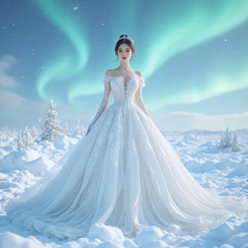Prompt: (A full body image)A young, beautiful Northeast Asia woman wearing A beautiful winter bridal gown designed for cold weather. Taking a bridal photoshoot in the snowy Arctic with the Northern Lights in the background.
hyper detailed, ultra realistic, highly detailed, AI defined exquisitely beautiful, totally ultra realistic young adult Korean, gorgeously detailed facial features, sumptuous cleavage, perfect body proportions, ultra pale, ultra glamorous, perfect shading, impeccable contrast, HDR, UHD, high res, 64k