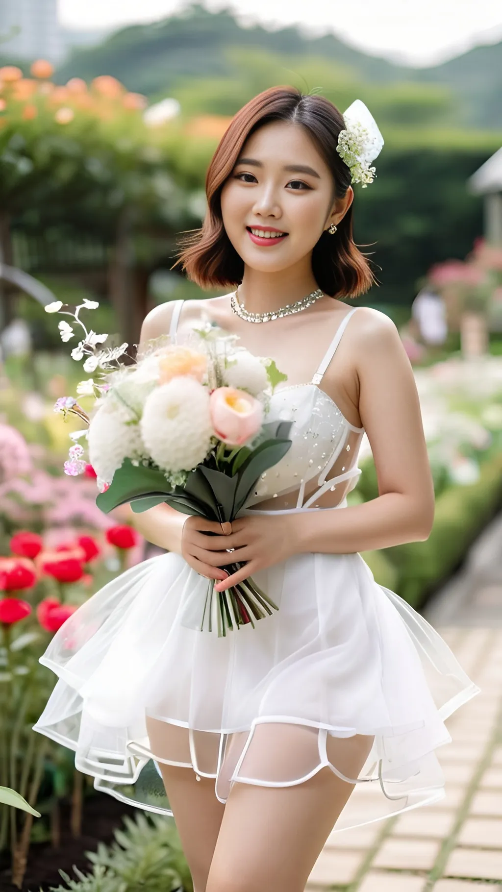 Prompt: Cute and glamorous 20-something Korean woman, very beautiful, baby face
Photoshoot wearing see-through mini wedding dress, garter belt, and high heels
Smiling expression
Outfit that emphasizes glamorous body
Clothing is a bit small
Chest sticks out
Holding a small bouquet in one hand.
A dazzlingly beautiful Korean woman in her 20s taking off her wedding dress in a flower garden.
Thighs visible
Wearing a garter belt
splash art, hyper detailed, ultra realistic, highly detailed, surreal heavy mist, AI defined exquisitely beautiful, totally ultra realistic young adult Korean, gorgeously detailed facial features, sumptuous cleavage, perfect body proportions, ultra pale, ultra glamorous, perfect shading, impeccable contrast, HDR, UHD, high res, 64k