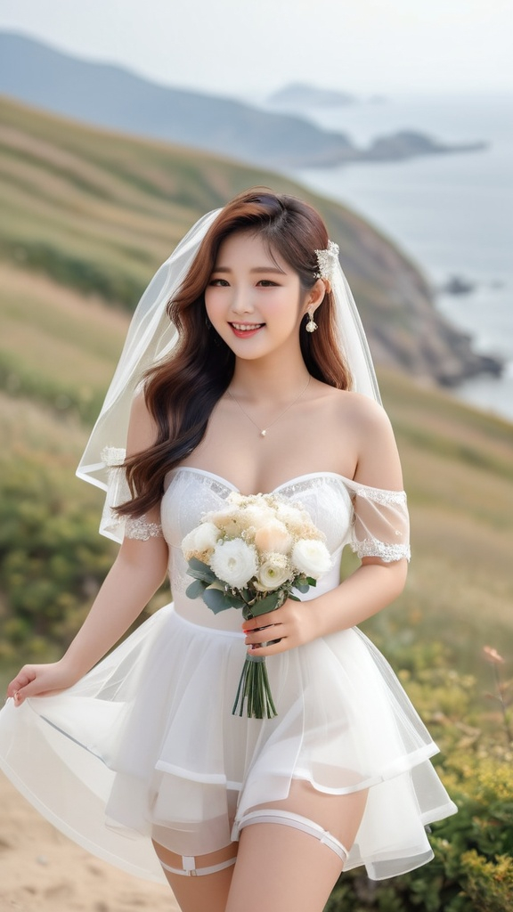 Prompt: Cute and glamorous 18years Korean idol, very beautiful, baby face, 
Photoshoot wearing see-through mini wedding dress, garter belt, and high heels, 
Smiling expression, 
Outfit that emphasizes glamorous body, 
Clothing is a bit small, 
Chest sticks out, 
Holding a small bouquet in one hand.
Photoshoot on a windy seaside hill.
Skirt and veil blowing in the wind, 
chubby Thighs visible, 
hyper detailed, ultra realistic, highly detailed, surreal heavy mist, AI defined exquisitely beautiful, totally ultra realistic young adult Korean, gorgeously detailed facial features, sumptuous cleavage, perfect body proportions, ultra pale, ultra glamorous, perfect shading, impeccable contrast, HDR, UHD, high res, 64k