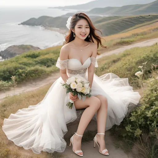 Prompt: Cute and glamorous 20-something Korean woman, very beautiful, baby face
Photoshoot wearing see-through mini wedding dress, garter belt, and high heels
Smiling expression
Outfit that emphasizes glamorous body
Clothing is a bit small
Chest sticks out
Holding a small bouquet in one hand.
Photoshoot on a windy seaside hill.
Skirt and veil blowing in the wind
Sitting on a bench with legs slightly spread
Thighs visible
Wearing a garter belt
splash art, hyper detailed, ultra realistic, highly detailed, surreal heavy mist, AI defined exquisitely beautiful, totally ultra realistic young adult Korean, gorgeously detailed facial features, sumptuous cleavage, perfect body proportions, ultra pale, ultra glamorous, perfect shading, impeccable contrast, HDR, UHD, high res, 64k