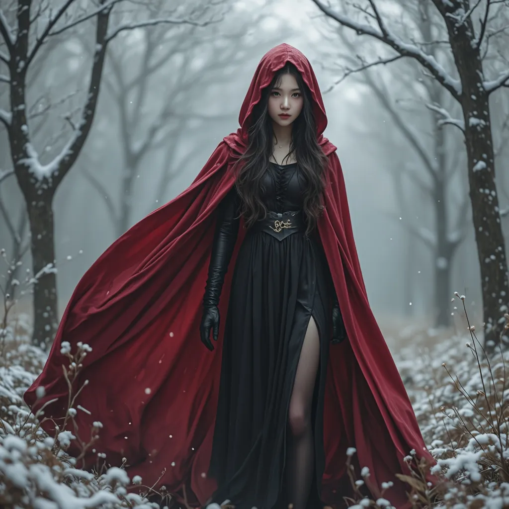 Prompt: Wizard of the Fantasy World, Black innerwear and red cloak, 
pure look, innocent look, pale skin, cute face, baby face, stockings, full body, Get lost in the woods. Snowy weather, 
hyper detailed, ultra realistic, highly detailed, surreal heavy mist, AI defined exquisitely beautiful, totally ultra realistic young adult Korean, gorgeously detailed facial features, sumptuous cleavage, perfect body proportions, ultra pale, ultra glamorous, perfect shading, impeccable contrast, HDR, UHD, high res, 64k