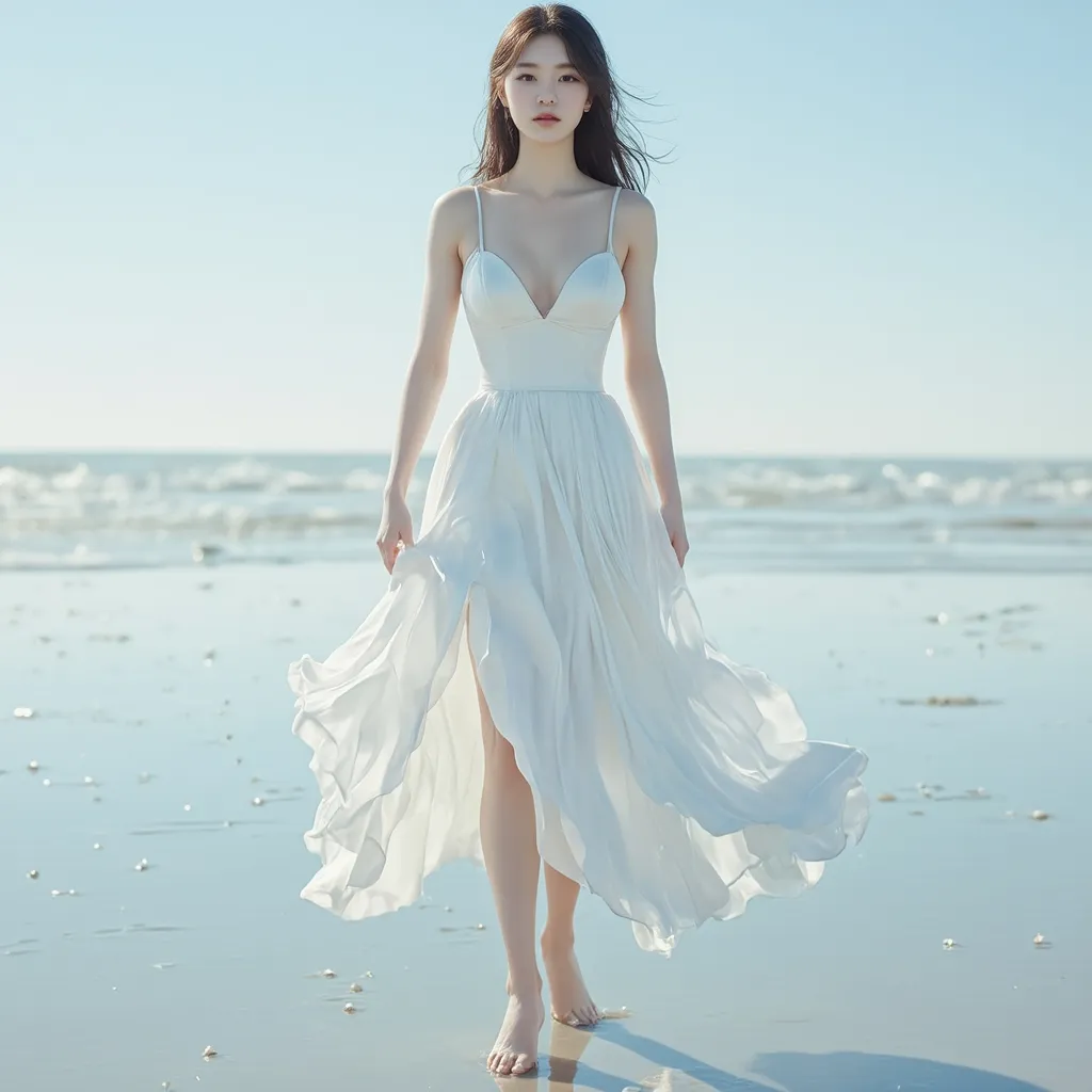 Prompt: hyper detailed, ultra realistic, highly detailed, AI defined exquisitely beautiful, totally ultra realistic young adult Korean, gorgeously detailed facial features, sumptuous cleavage, perfect body proportions, ultra pale, ultra glamorous bride, walking in a serene beach, Wet feet and dress, 

HDR, UHD, high res, 64k, cinematic lighting, special effects, hd octaneArtgerm