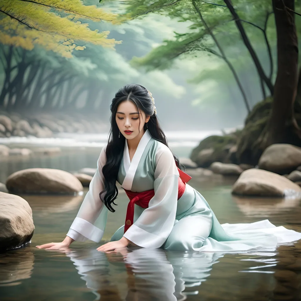 Prompt: natural hot gorgeous female model, ancient korean, huge cleavage, longa wet gown, large long black hair, kneeling, crawling on all fours, frontal body view, body in the water, forest river, fog, depth of view, natural lighting, korean traditional Hanbok