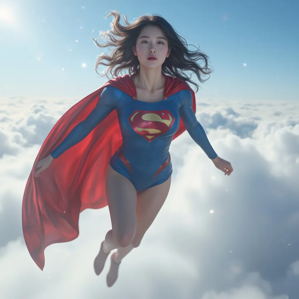 Prompt: Supergirl flying in the sky, 
hyper detailed, ultra realistic, highly detailed, surreal heavy mist, AI defined exquisitely beautiful, totally ultra realistic young adult Korean, gorgeously detailed facial features, sumptuous cleavage, perfect body proportions, ultra pale, ultra glamorous, perfect shading, impeccable contrast, HDR, UHD, high res, 64k