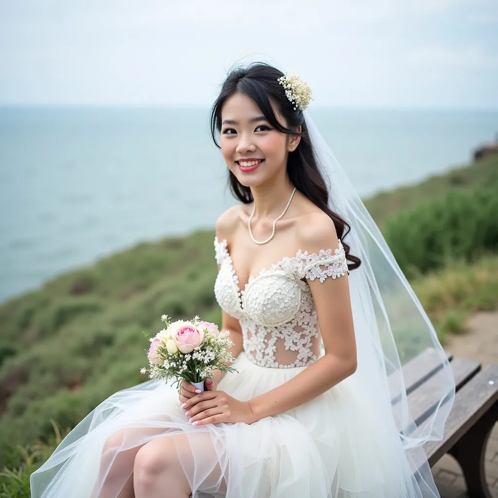 Prompt: Cute and glamorous 20-something Korean woman, very beautiful, baby face
Photoshoot wearing see-through mini wedding dress, garter belt, and high heels
Smiling expression
Outfit that emphasizes glamorous body
Clothing is a bit small
Chest sticks out
Holding a small bouquet in one hand.
Photoshoot on a windy seaside hill.
Skirt and veil blowing in the wind
Sitting on a bench with legs slightly spread
Thighs visible
Wearing a garter belt
splash art, hyper detailed, ultra realistic, highly detailed, surreal heavy mist, AI defined exquisitely beautiful, totally ultra realistic young adult Korean, gorgeously detailed facial features, sumptuous cleavage, perfect body proportions, ultra pale, ultra glamorous, perfect shading, impeccable contrast, HDR, UHD, high res, 64k