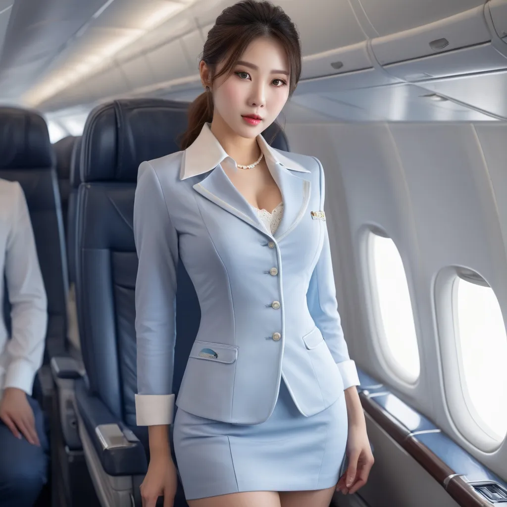 Prompt: splash art, hyper detailed, ultra realistic, highly detailed, surreal heavy mist, Detailed full body depiction, AI defined exquisitely beautiful, totally ultra realistic young adult Korean, gorgeously detailed facial features, sumptuous cleavage, perfect body proportions, ultra pale, ultra glamorous stewardess, walking in a airplane, Blouse and stockings, 
HDR, UHD, high res, 64k, hd octaneArtgerm