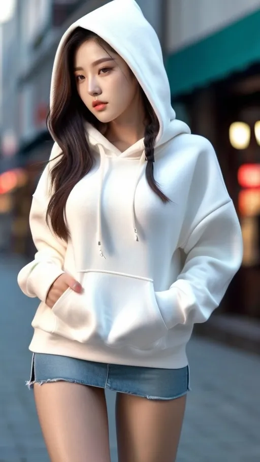 Prompt: No bottoms, 
oversized hoodie that reaches down to the knees, 
Outfit that emphasizes her glamorous body, full body, huge chest. AI defined exquisitely beautiful, totally ultra realistic young adult Korean, gorgeously detailed facial features, perfect body proportions, ultra pale, ultra glamorous, perfect shading, impeccable contrast, HDR, UHD, high res, 64k