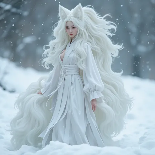 Prompt: Gumiho, human-shaped nine-tailed fox, beautiful appearance, captivating appearance, bewitching expression, dazzlingly beautiful face, pale skin, white hair, white clothes, full body, no shoes, bare feet, side view, nine tails, soft tail hair, shiny tail hair, 
enchanting atmosphere, cold winter day, snow, snow sparkling, 
totally ultra realistic young adult Korean, gorgeously detailed facial features, sumptuous cleavage, perfect body proportions, ultra pale, ultra glamorous, perfect shading, impeccable contrast, HDR, UHD, high res, 64k