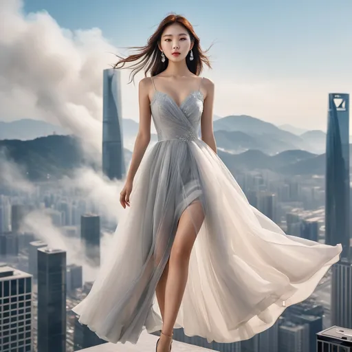 Prompt: korean dior dress model in advertisement, heel pumps, 
She stands on top of a skyscraper and looks out over the city.
Sunny weather, dress blowing in the wind, 

Full body shot, hyper detailed, ultra realistic, highly detailed, surreal heavy mist, AI defined exquisitely beautiful, totally ultra realistic young adult Korean, gorgeously detailed facial features, perfect body proportions, ultra pale, ultra glamorous, perfect shading, impeccable contrast, HDR, UHD, high res, 64k