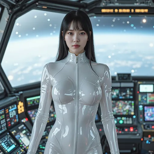 Prompt: (A full body image) A woman wearing the captain's uniform of a future space battleship, in the vast command center of the spaceship, A see-through and tight vinyl suit that allows you to see inside.
The huge transparent glass in front clearly shows the scene of outer space. The command center is full of avant-garde future equipment.
hyper detailed, ultra realistic, highly detailed, surreal heavy mist, AI defined exquisitely beautiful, totally ultra realistic young adult Korean, gorgeously detailed facial features,  perfect body proportions, ultra pale, ultra glamorous, perfect shading, impeccable contrast, HDR, UHD, high res, 64k