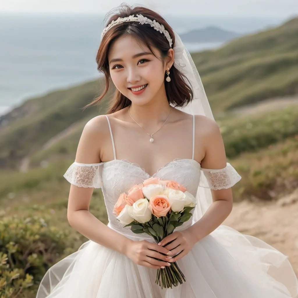 Prompt: Cute and glamorous Korean woman in her 20s During a photoshoot wearing a see-through mini wedding dress, garter belt, and high heels Hairband on her head Smiling expression Outfit that emphasizes her glamorous body Clothing is a bit small Chest sticks out Holding a small bouquet in one hand. During a photoshoot on a windy seaside hill. Skirt and veil blowing in the wind Thighs visible Wearing a garter belt

AI defined exquisitely beautiful, totally ultra realistic young adult Korean, gorgeously detailed facial features, sumptuous cleavage, perfect body proportions, ultra pale, ultra glamorous, perfect shading, impeccable contrast, HDR, UHD, high res, 64k