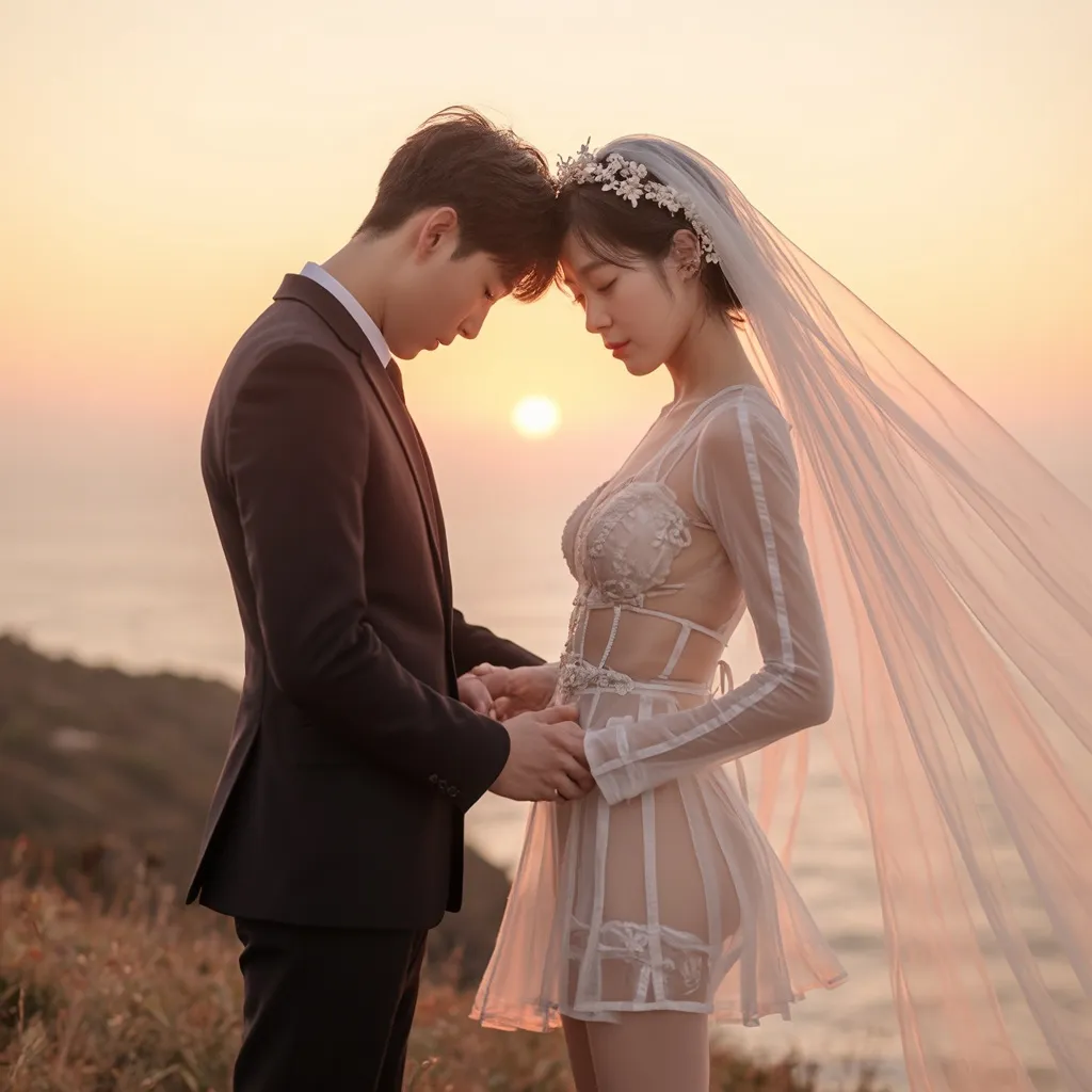 Prompt: Sunset over the sea, sunset, warm feeling,
A Korean groom and bride are having their wedding photoshoot on a windy hill above the sea. 

The groom is holding the bride's waist with one hand.
The groom is wearing a tight-fitting suit.

The bride is wearing a see-through mini wedding dress.
She is wearing stockings, a garter belt, and a veil.
The veil and dress are blowing in the wind.
hyper detailed, ultra realistic, highly detailed, AI defined exquisitely beautiful, totally ultra realistic young adult Korean, gorgeously detailed facial features, perfect body proportions, ultra pale, ultra glamorous, HDR, UHD, high res, 64k, cinematic lighting, special effects, hd octaneArtgerm