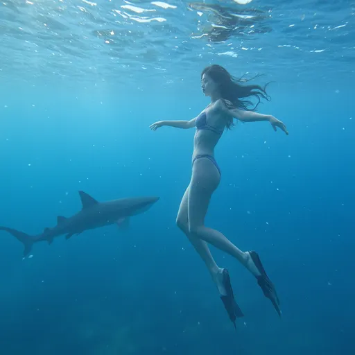 Prompt: A Korean woman in her 20s wearing a bikini and flippers and swimming in the ocean, 
a shark passes by the woman as she swims.
long hair, Beautiful underwater world, Snorkeling, solo, summer\(season\), sea, pure appearance, pale skin, full bosy shot, Dynamic photos, fantastic photos, Professional photo, 
totally ultra realistic young adult Korean, gorgeously detailed facial features, sumptuous cleavage, perfect body proportions, ultra pale, ultra glamorous, perfect shading, impeccable contrast, HDR, UHD, high res, 64k