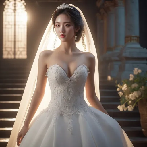 Prompt: splash art, hyper detailed, ultra realistic, highly detailed, surreal heavy mist, AI defined exquisitely beautiful, totally ultra realistic young adult Korean, gorgeously detailed facial features, sumptuous cleavage, perfect body proportions, ultra pale, ultra glamorous bride, walking in a Virgin Road

Perfect studio lighting, perfect shading, impeccable contrast, HDR, UHD, high res, 64k, cinematic lighting, special effects, hd octaneArtgerm, WLOP, dynamic studio quality lighting hyper-detailed, intricately detailed, Splash art, trending on Artstation, triadic colors, Unreal Engine 5 volumetric lighting, unreal engine, octane render.