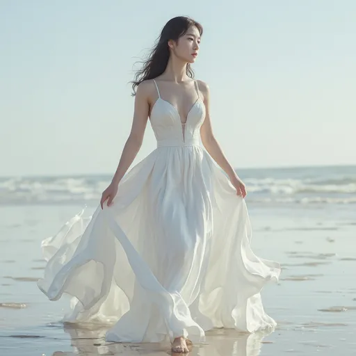 Prompt: hyper detailed, ultra realistic, highly detailed, AI defined exquisitely beautiful, totally ultra realistic young adult Korean, gorgeously detailed facial features, sumptuous cleavage, perfect body proportions, ultra pale, ultra glamorous bride, walking in a serene beach, Wet feet and dress, 

HDR, UHD, high res, 64k, cinematic lighting, special effects, hd octaneArtgerm