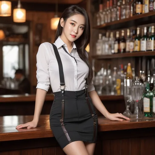 Prompt: bartender, in the pub, Dazzlingly beautiful girl, Pure appearance, 
She is wearing a skirt with suspenders and is leaning her head forward. 
One strap of suspenders came loose.
full body shot, Heel boots.
AI defined exquisitely beautiful, totally ultra realistic young adult Korean, gorgeously detailed facial features, perfect body proportions, ultra pale, ultra glamorous, perfect shading, impeccable contrast, HDR, UHD, high res, 64k