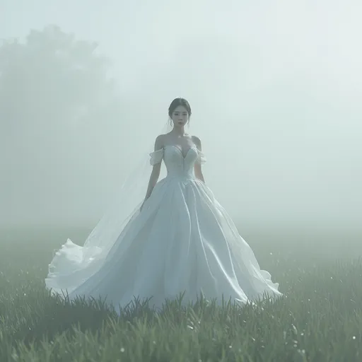 Prompt: full body shot, splash art, hyper detailed, ultra realistic, highly detailed, surreal heavy mist, AI defined exquisitely beautiful, totally ultra realistic young adult Korean, gorgeously detailed facial features, sumptuous cleavage, perfect body proportions, ultra pale, ultra glamorous bride, walking in a swirling fog, micro dress, on the grass, 
perfect shading, impeccable contrast, HDR, UHD, high res, 64k, cinematic lighting, special effects, hd octaneArtgerm, WLOP, dynamic studio quality lighting hyper-detailed, intricately detailed, Splash art, trending on Artstation, triadic colors, Unreal Engine 5 volumetric lighting, unreal engine, octane render.