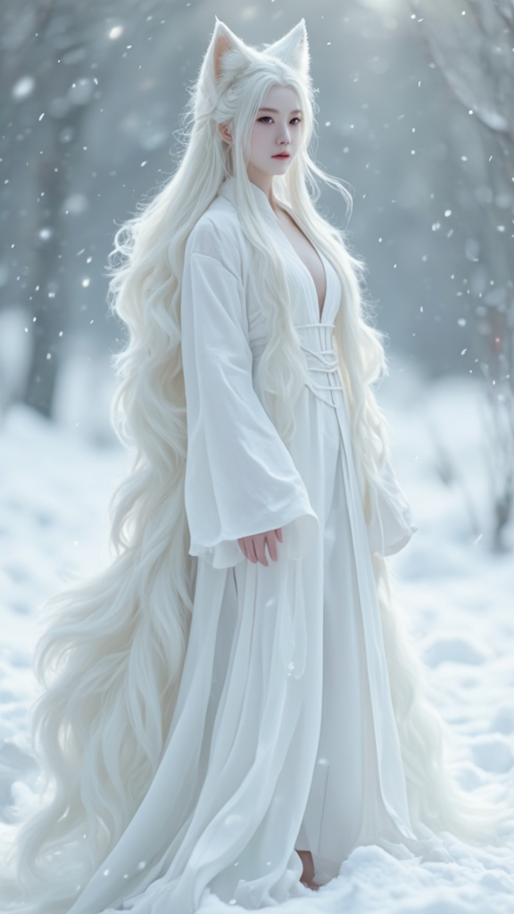 Prompt: Gumiho, human-shaped nine-tailed fox, beautiful appearance, captivating appearance, bewitching expression, dazzlingly beautiful face, pale skin, white hair, white clothes, full body, no shoes, bare feet, side view, nine tails, soft tail hair, shiny tail hair, 
enchanting atmosphere, cold winter day, snow, snow sparkling, 
totally ultra realistic young adult Korean, gorgeously detailed facial features, sumptuous cleavage, perfect body proportions, ultra pale, ultra glamorous, perfect shading, impeccable contrast, HDR, UHD, high res, 64k