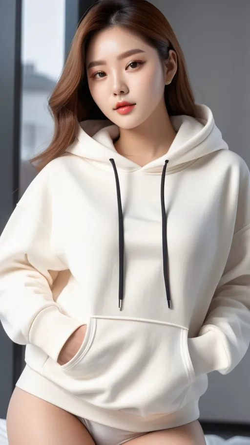 Prompt: No bottoms, 
oversized hoodie that reaches down to the knees, 
Outfit that emphasizes her glamorous body, full body, huge chest. AI defined exquisitely beautiful, totally ultra realistic young adult Korean, gorgeously detailed facial features, perfect body proportions, ultra pale, ultra glamorous, perfect shading, impeccable contrast, HDR, UHD, high res, 64k