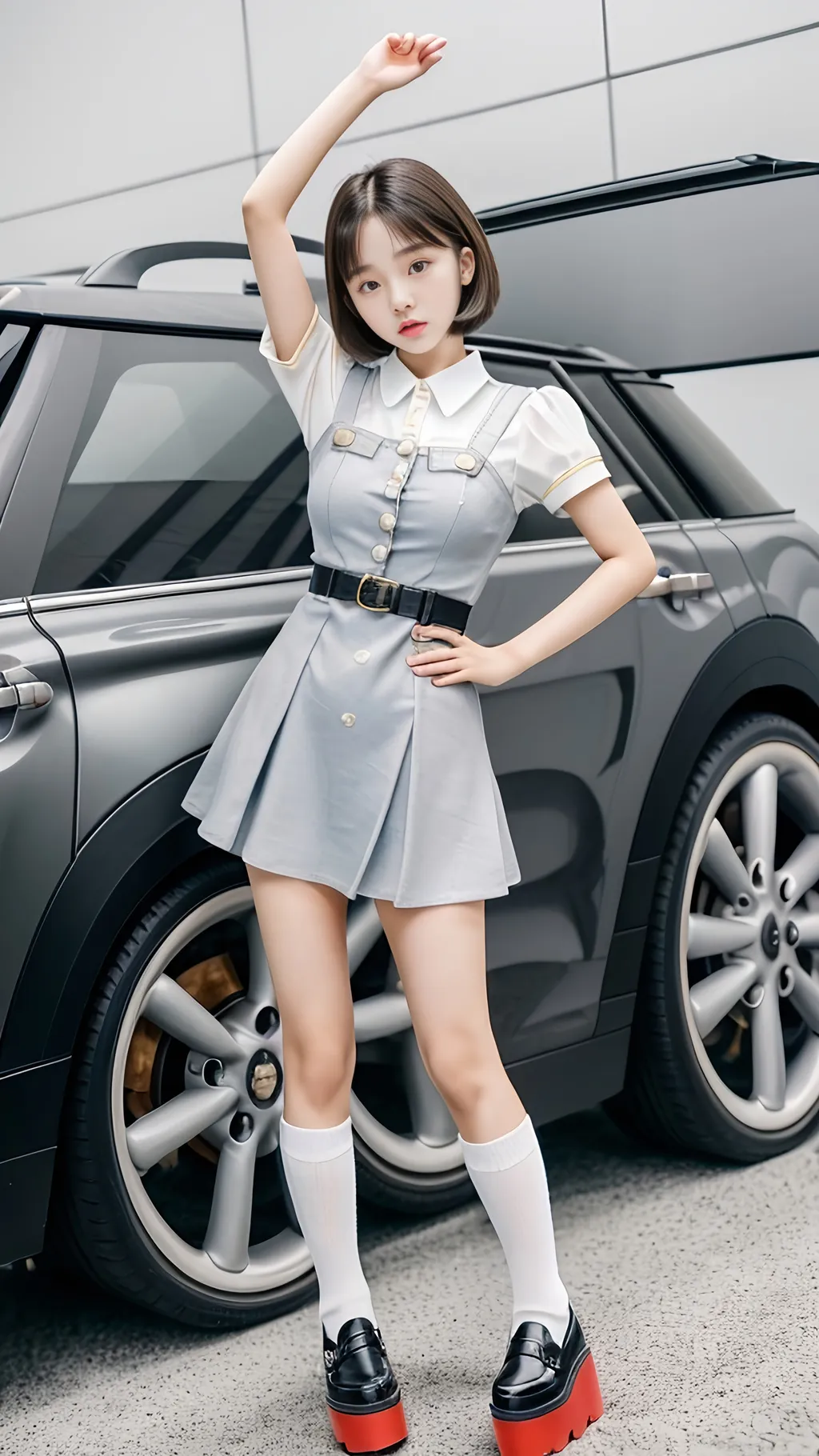 Prompt: 15 year old super cute Korean girl, mini dress, model, model pose, child model, 4K, 8K, high quality, high quality details, raw short hair, bang hair, slender, knee high socks, 5 inch platform flat shoes, chubby thighs, slim body, professional, photo, background fade out