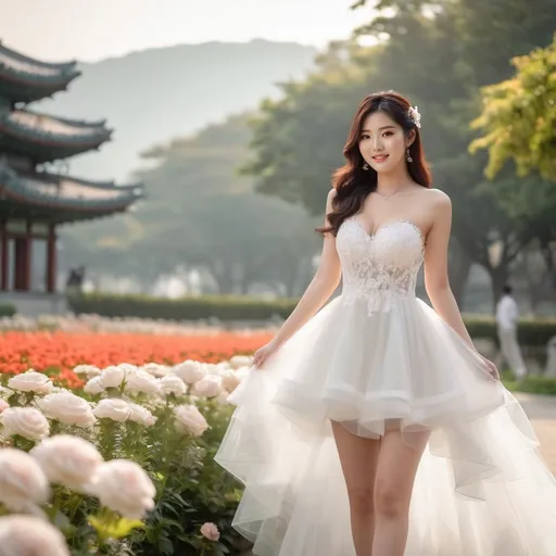 Prompt: Cute and glamorous 20-something Korean woman, very beautiful, baby face, Photoshoot wearing see-through mini wedding dress, garter belt, and high heels
Smiling expression, Outfit that emphasizes glamorous body, Clothing is a bit small, Chest sticks out, Holding a small bouquet in one hand. full body, 
A dazzlingly beautiful Korean woman in her 20s taking off her wedding dress in a flower garden.
Thighs visible, Wearing a garter belt, 
hyper detailed, ultra realistic, highly detailed, surreal heavy mist, AI defined exquisitely beautiful, totally ultra realistic young adult Korean, gorgeously detailed facial features, sumptuous cleavage, perfect body proportions, ultra pale, ultra glamorous, perfect shading, impeccable contrast, HDR, UHD, high res, 64k