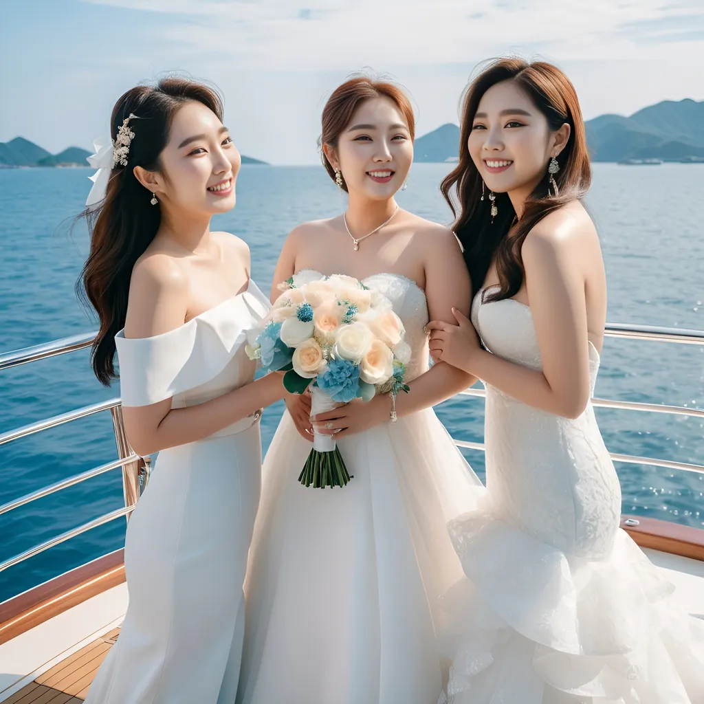 Prompt: A professional photograph of three glamorous and beautiful Korean friends in their 20s with slim bodies and chubby thighs, taking wedding photos on a yacht with a refreshing breeze, blue ocean, and sky in the background. They are standing side by side, smiling broadly. All three women have large chests, highlighting these features prominently. One woman, the bride, is wearing a swimwear-style mini wedding dress with a veil and gathered belt. The other two women are wearing swimwear-style mini dresses with knee-high socks. All three women have cute and attractive facial features and are smiling brightly. The scene is lively and joyful with the wind adding a dynamic touch to their outfits and the yacht creating an elegant atmosphere.