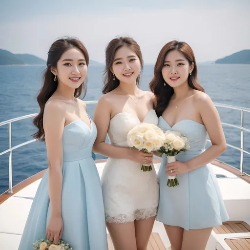 Prompt: A professional photograph of three glamorous and beautiful Korean friends in their 20s with slim bodies and chubby thighs, taking wedding photos on a yacht with a refreshing breeze, blue ocean, and sky in the background. They are standing side by side, smiling broadly. All three women have large chests, highlighting these features prominently. One woman, the bride, is wearing a swimwear-style mini wedding dress with a veil and gathered belt. The other two women are wearing swimwear-style mini dresses with knee-high socks. All three women have cute and attractive facial features and are smiling brightly. The scene is lively and joyful with the wind adding a dynamic touch to their outfits and the yacht creating an elegant atmosphere.