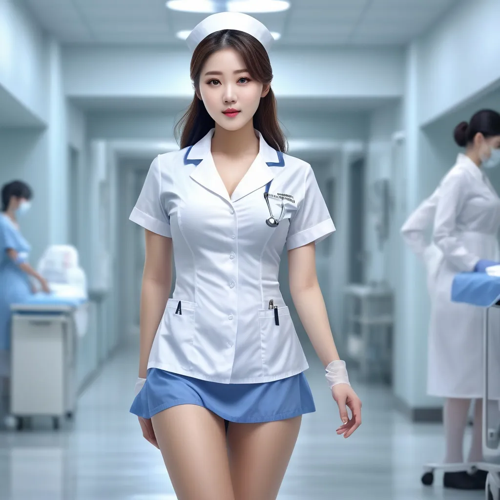 Prompt: splash art, hyper detailed, ultra realistic, highly detailed, surreal heavy mist, Detailed full body depiction, AI defined exquisitely beautiful, totally ultra realistic young adult Korean, gorgeously detailed facial features, sumptuous cleavage, perfect body proportions, ultra pale, ultra glamorous nurse, walking in a hospital, Blouse and stockings, 
HDR, UHD, high res, 64k, hd octaneArtgerm