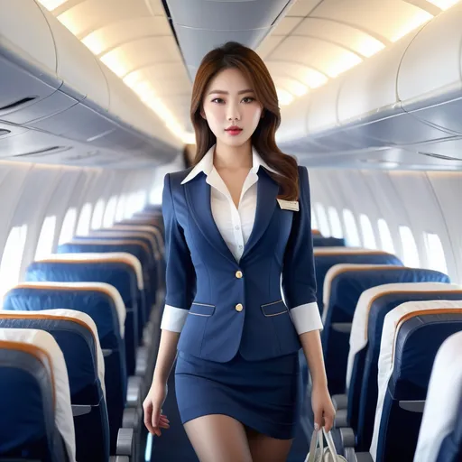 Prompt: splash art, hyper detailed, ultra realistic, highly detailed, surreal heavy mist, Detailed full body depiction, AI defined exquisitely beautiful, totally ultra realistic young adult Korean, gorgeously detailed facial features, sumptuous cleavage, perfect body proportions, ultra pale, ultra glamorous stewardess, walking in a airplane, Blouse and stockings, 
HDR, UHD, high res, 64k, hd octaneArtgerm