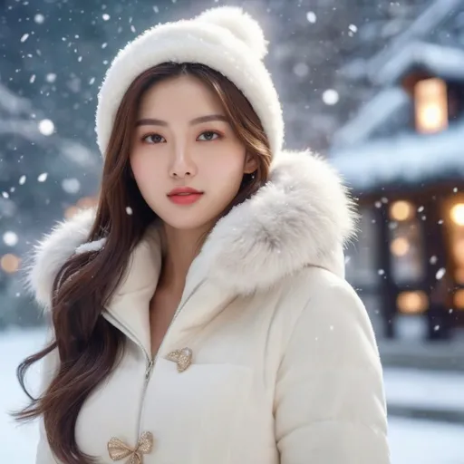 Prompt: Korea on a snowy Christmas

AI defined exquisitely beautiful, totally ultra realistic young adult Korean, gorgeously detailed facial features, sumptuous cleavage, perfect body proportions, ultra pale, ultra glamorous, perfect shading, impeccable contrast, HDR, UHD, high res, 64k