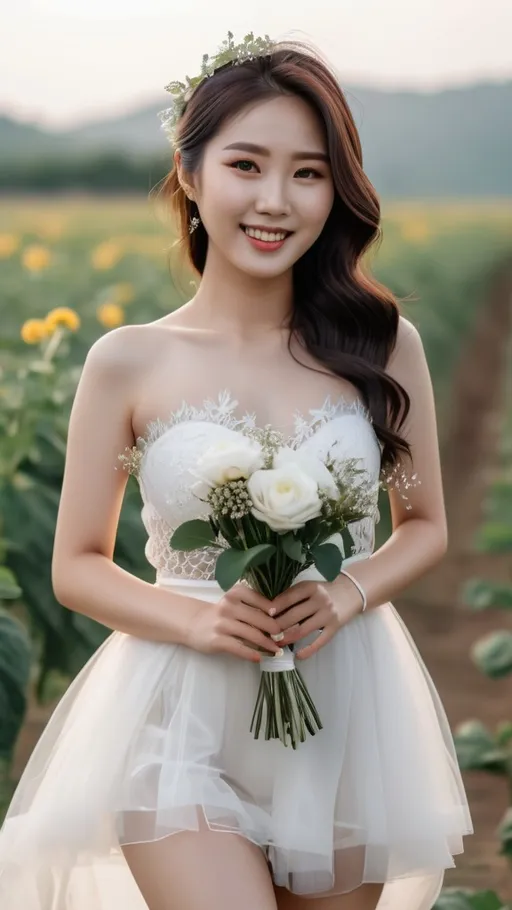 Prompt: Cute and glamorous 20-something Korean woman, very beautiful, baby face
Photoshoot wearing see-through mini wedding dress, garter belt, and high heels
Smiling expression
Outfit that emphasizes glamorous body
Clothing is a bit small
Chest sticks out
Holding a small bouquet in one hand.
A dazzlingly beautiful Korean woman in her 20s taking off her wedding dress in a pepper field.
Thighs visible
Wearing a garter belt
splash art, hyper detailed, ultra realistic, highly detailed, surreal heavy mist, AI defined exquisitely beautiful, totally ultra realistic young adult Korean, gorgeously detailed facial features, sumptuous cleavage, perfect body proportions, ultra pale, ultra glamorous, perfect shading, impeccable contrast, HDR, UHD, high res, 64k