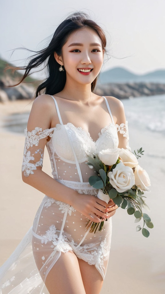 Prompt: Cute and glamorous 20-something Korean woman
Photoshoot wearing see-through mini wedding dress, garter belt, and high heels
Smiling expression
Outfit that emphasizes glamorous body
Clothing is a bit small
Chest sticks out
Holding a small bouquet in one hand.
A dazzlingly beautiful Korean woman in her 20s taking off her wedding dress on the beach
Thighs visible
Wearing a garter belt
splash art, hyper detailed, ultra realistic, highly detailed, surreal heavy mist, AI defined exquisitely beautiful, totally ultra realistic young adult Korean, gorgeously detailed facial features, sumptuous cleavage, perfect body proportions, ultra pale, ultra glamorous, perfect shading, impeccable contrast, HDR, UHD, high res, 64k