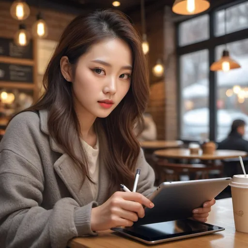 Prompt: A female artist drawing on a tablet in a cafe during the cold winter

AI defined exquisitely beautiful, totally ultra realistic young adult Korean, gorgeously detailed facial features,  perfect body proportions, ultra pale, ultra glamorous, perfect shading, impeccable contrast, HDR, UHD, high res, 64k