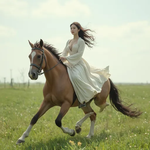 Prompt: Cute 20-something Korean woman riding a horse in a dress.
Dress blowing in the wind, firm abs and thighs, no shoes, horse running through green fields, 
hyper detailed, ultra realistic, highly detailed, AI defined exquisitely beautiful, totally ultra realistic young adult Korean, gorgeously detailed facial features, sumptuous cleavage, perfect body proportions, ultra pale, ultra glamorous, HDR, UHD, high res, 64k, cinematic lighting, special effects, hd octaneArtgerm