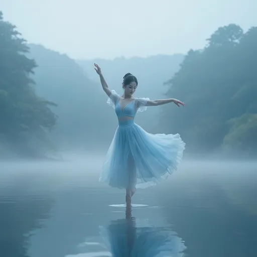 Prompt: A stunningly beautiful Korean woman with a graceful figure, dressed in a light blue sheer of ballet dress , dances lightly in a ballet style (jump-fly-and turn)on the surface of a dreamy lake. Ethereal, romantic light streams through the foggy forest by the lake, creating a cinematic atmosphere, highly detailed, ultra-detailed, UHD 8K resolution, close up shots