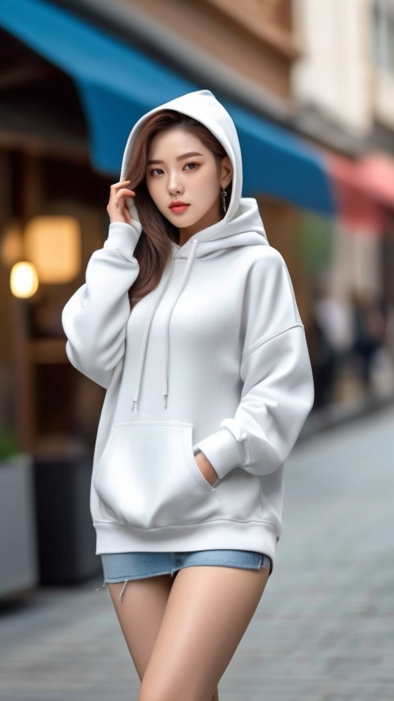 Prompt: No bottoms, 
oversized hoodie that reaches down to the knees, 
Outfit that emphasizes her glamorous body, full body, huge chest. AI defined exquisitely beautiful, totally ultra realistic young adult Korean, gorgeously detailed facial features, perfect body proportions, ultra pale, ultra glamorous, perfect shading, impeccable contrast, HDR, UHD, high res, 64k