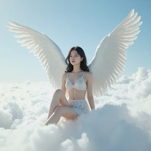 Prompt: A Korean woman angel sitting on a cloud on a sky wearing only a slips, full body, photo, 
visible thighs, hyper detailed, ultra realistic, highly detailed, AI defined exquisitely beautiful, totally ultra realistic young adult Korean, gorgeously detailed facial features, perfect body proportions, ultra pale, ultra glamorous, HDR, UHD, high res, 64k, cinematic lighting, special effects, hd octaneArtgerm