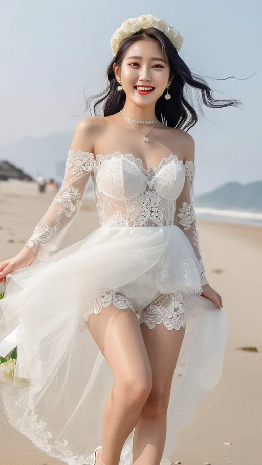 Prompt: Cute and glamorous 20-something Korean woman
Photoshoot wearing see-through mini wedding dress, garter belt, and high heels
Smiling expression
Outfit that emphasizes glamorous body
Clothing is a bit small
Chest sticks out
Holding a small bouquet in one hand.
A dazzlingly beautiful Korean woman in her 20s taking off her wedding dress on the beach
Thighs visible
Wearing a garter belt
splash art, hyper detailed, ultra realistic, highly detailed, surreal heavy mist, AI defined exquisitely beautiful, totally ultra realistic young adult Korean, gorgeously detailed facial features, sumptuous cleavage, perfect body proportions, ultra pale, ultra glamorous, perfect shading, impeccable contrast, HDR, UHD, high res, 64k