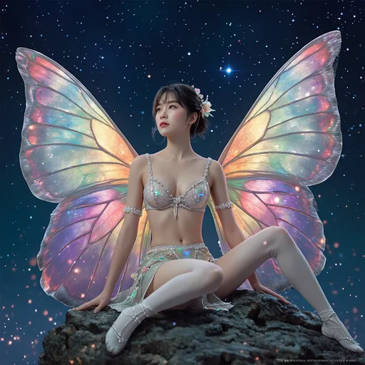 Prompt: fantastic fantasy art, young korean woman with gigantic colourful semi-transparent fairy wings, tight pearly outfit (short skirt, crop-top, belly-baring, decollete), sitting on a rock with spreded wide open legs, arms casually resting on her knees, beaded white decorated stockings, chubby thighs, dark night with a magnificent starry sky in the background, hard spotlight lighting giving the picture a certain drama.
AI defined exquisitely beautiful, totally ultra realistic young adult Korean, gorgeously detailed facial features, sumptuous cleavage, perfect body proportions, ultra pale, ultra glamorous, perfect shading, impeccable contrast, HDR, UHD, high res, 64k