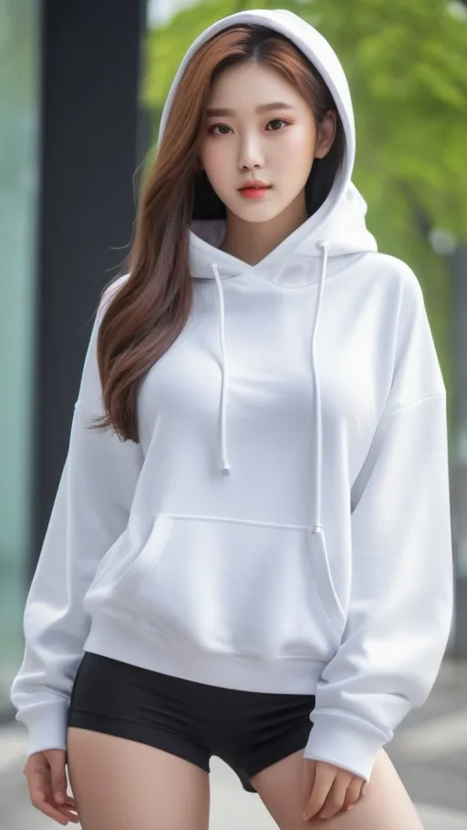 Prompt: No bottoms, 
oversized hoodie that reaches down to the knees, 
Outfit that emphasizes her glamorous body, full body, huge chest. AI defined exquisitely beautiful, totally ultra realistic young adult Korean, gorgeously detailed facial features, perfect body proportions, ultra pale, ultra glamorous, perfect shading, impeccable contrast, HDR, UHD, high res, 64k