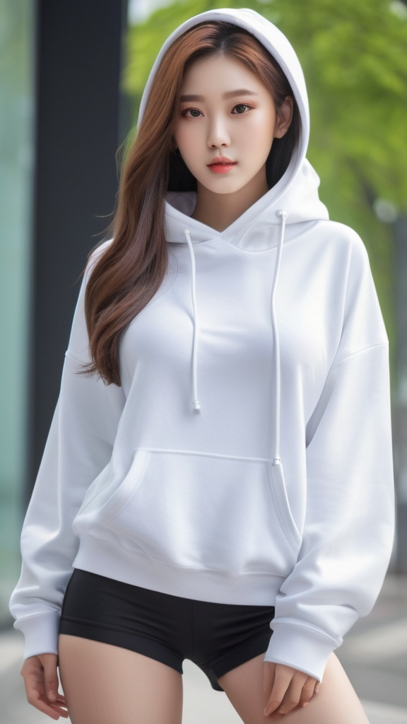 Prompt: No bottoms, 
oversized hoodie that reaches down to the knees, 
Outfit that emphasizes her glamorous body, full body, huge chest. AI defined exquisitely beautiful, totally ultra realistic young adult Korean, gorgeously detailed facial features, perfect body proportions, ultra pale, ultra glamorous, perfect shading, impeccable contrast, HDR, UHD, high res, 64k