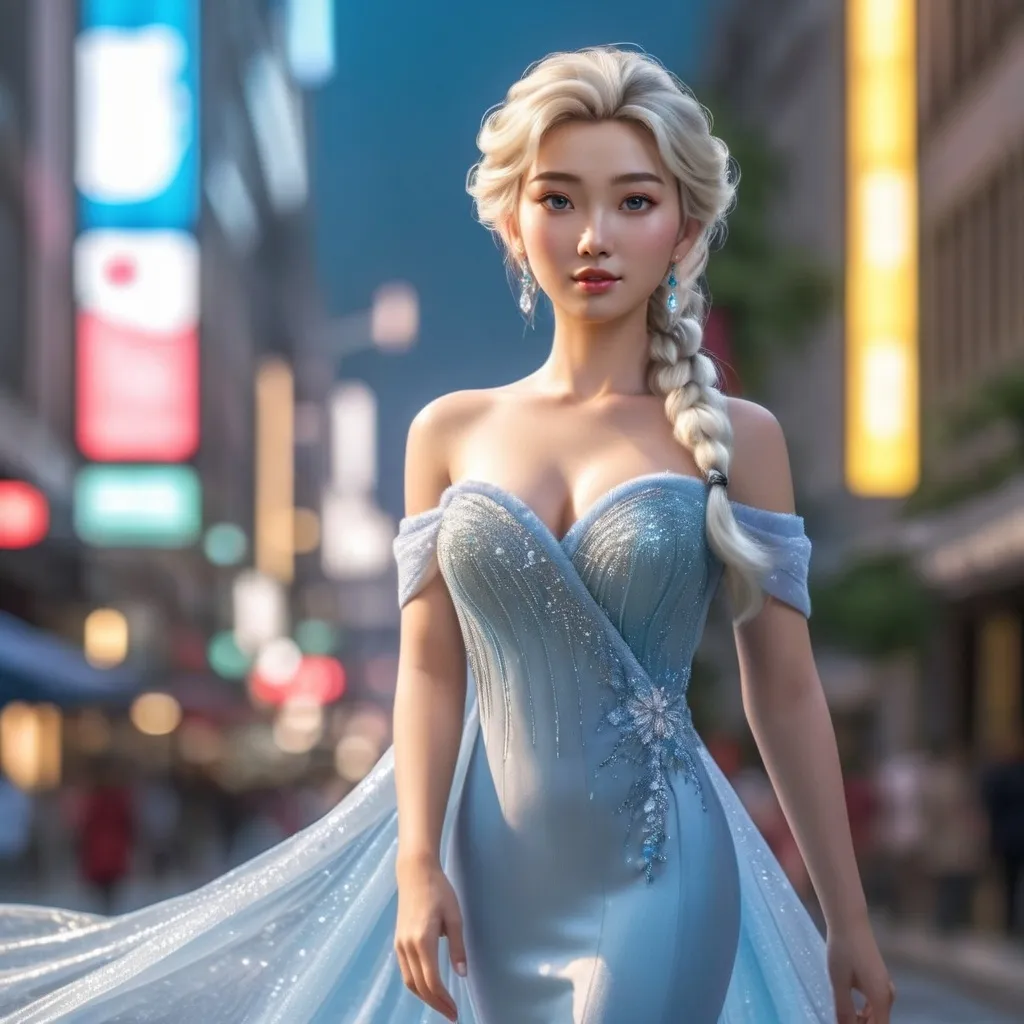 Prompt: Full body shot of Elsa wearing, in the city
AI defined exquisitely beautiful, totally ultra realistic young adult Korean, gorgeously detailed facial features, sumptuous cleavage, perfect body proportions, ultra pale, ultra glamorous, perfect shading, impeccable contrast, HDR, UHD, high res, 64k