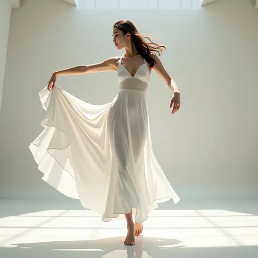 Prompt: Full body of a woman dancing, 
a woman in a white dress is dancing on a dance floor with a light background and a spotlight in the background, Chen Jiru, arabesque, elegant pose, a marble sculpture, 
AI defined exquisitely beautiful, totally ultra realistic young adult Korean, gorgeously detailed facial features, sumptuous cleavage, perfect body proportions, ultra pale, ultra glamorous, perfect shading, impeccable contrast, HDR, UHD, high res, 64k
