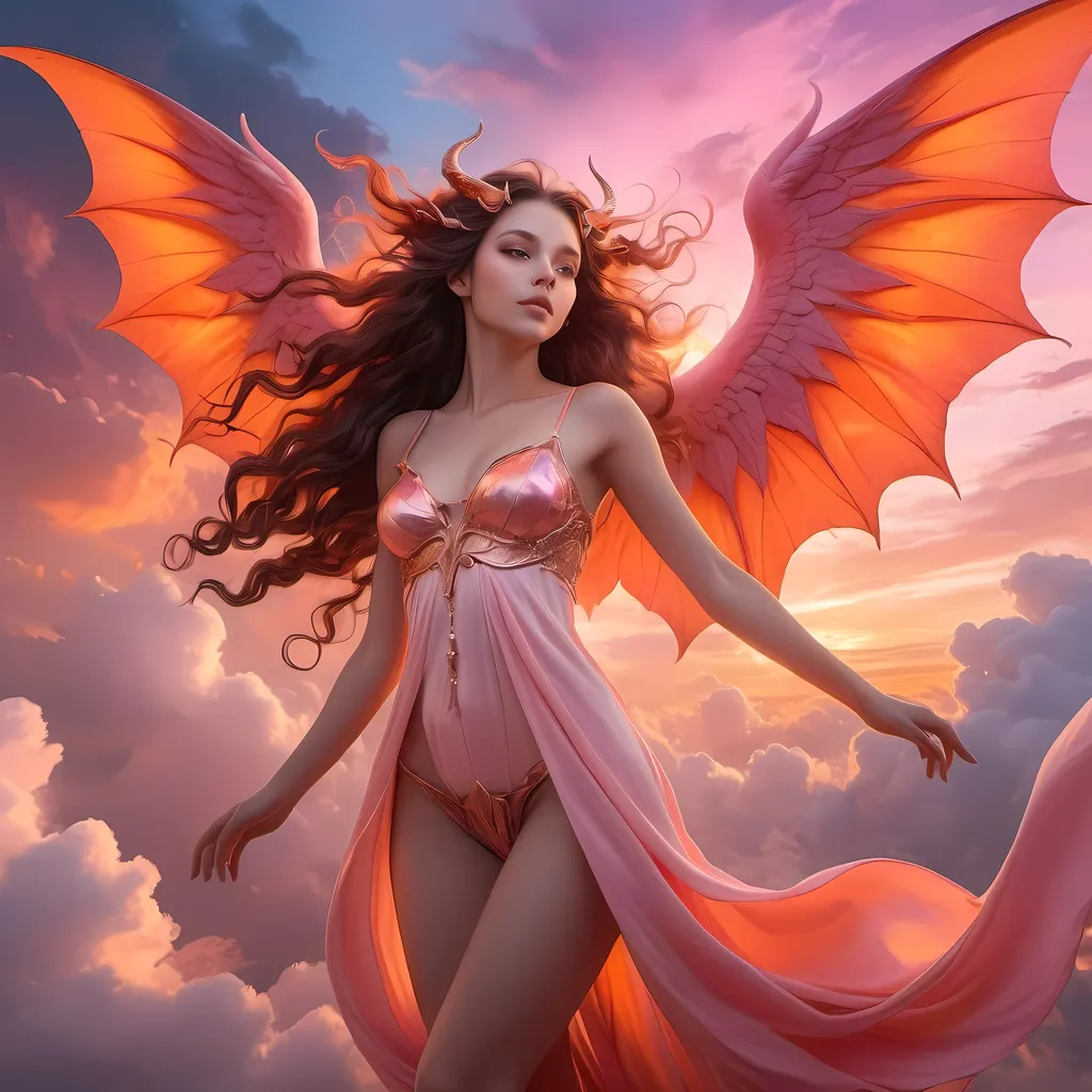 Prompt: A succubus in the form of a young woman in her twenties with an innocent face flying through the sky.