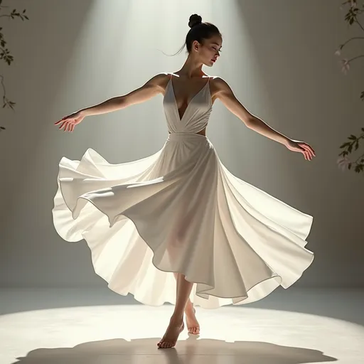 Prompt: Full body of a woman dancing, 
a woman in a white dress is dancing on a dance floor with a light background and a spotlight in the background, Chen Jiru, arabesque, elegant pose, a marble sculpture, 
AI defined exquisitely beautiful, totally ultra realistic young adult Korean, gorgeously detailed facial features, sumptuous cleavage, perfect body proportions, ultra pale, ultra glamorous, perfect shading, impeccable contrast, HDR, UHD, high res, 64k