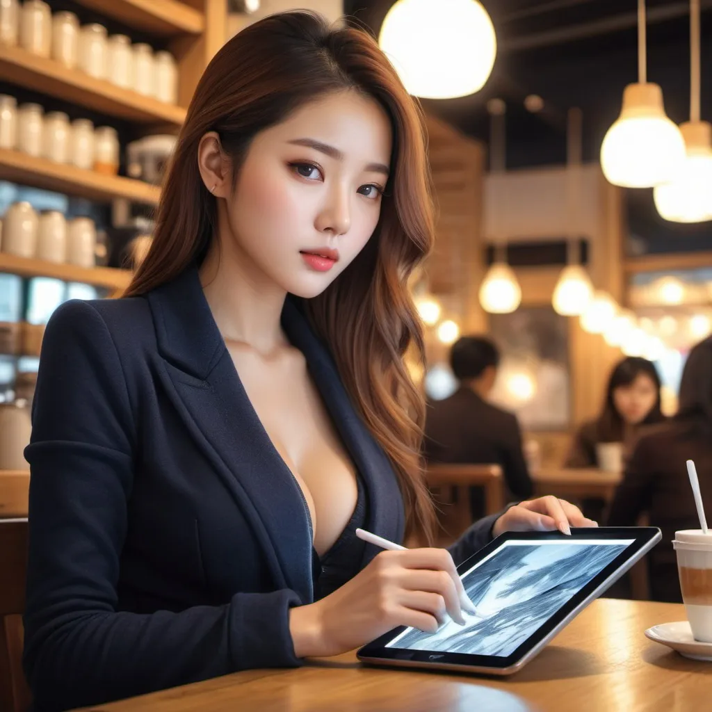 Prompt: A female artist drawing on a tablet in a cafe during the cold winter

AI defined exquisitely beautiful, totally ultra realistic young adult Korean, gorgeously detailed facial features, sumptuous cleavage, perfect body proportions, ultra pale, ultra glamorous, perfect shading, impeccable contrast, HDR, UHD, high res, 64k