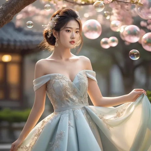 Prompt: korean woman, Prosecco dress, (sparkling elegance), voluminous silk fabric, glistening bubbles embedded, (feminine silhouette), romantic flow, soft pastel colors with golden highlights, shimmering under gentle light, (high fashion), luxurious atmosphere, celebratory mood, whimsical elegance, surrounded by a stylish garden setting, ultra-detailed, 4K quality.
AI defined exquisitely beautiful, totally ultra realistic young adult Korean, gorgeously detailed facial features, perfect body proportions, ultra pale, ultra glamorous girl, Full body photo, no shoes, HDR, UHD, high res, 64k, cinematic lighting, special effects, hd octaneArtgerm